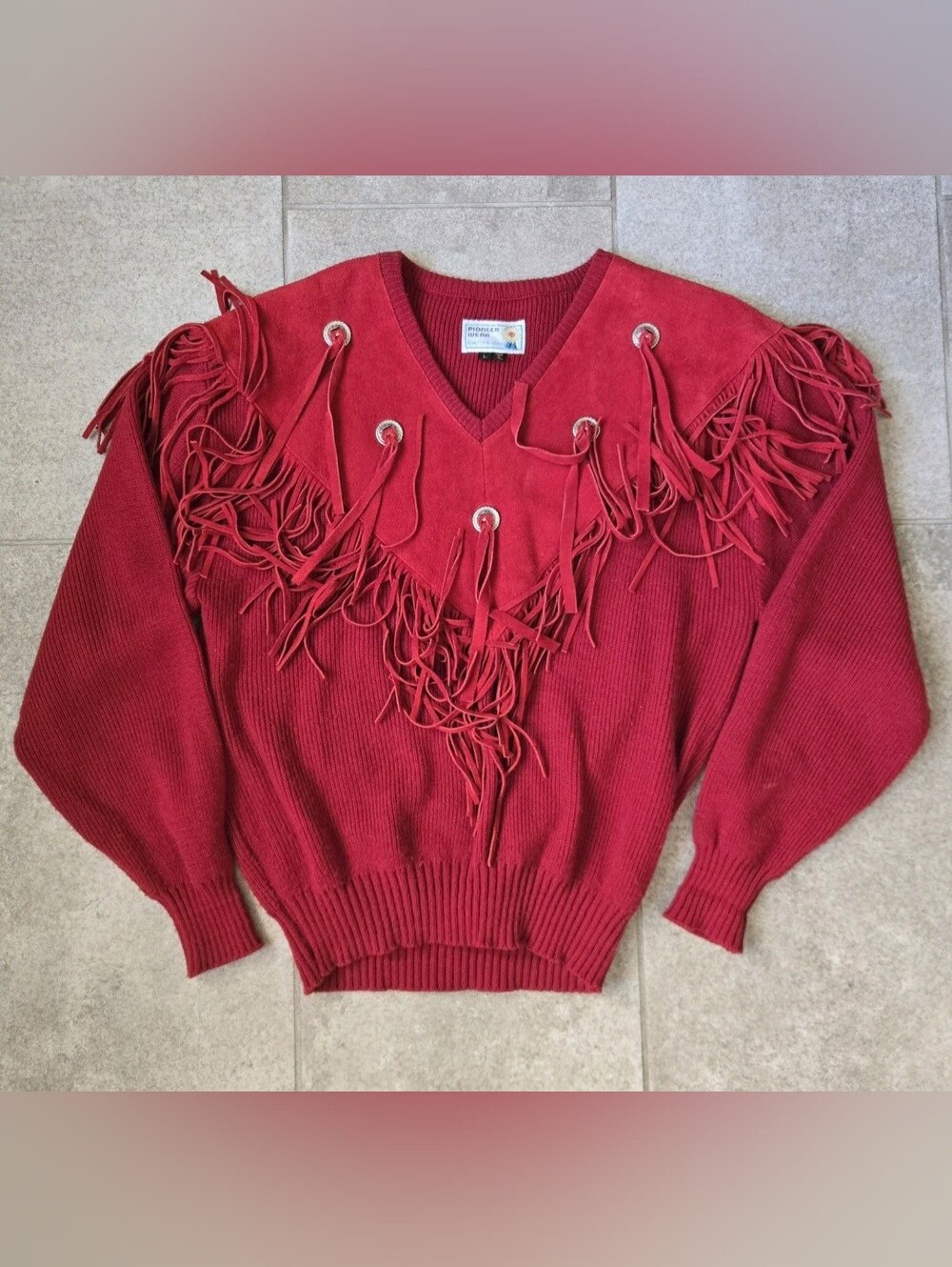 Vtg 80s Pioneer Wear Red Suede Fringe Western Cowgirl Knit Sweater L